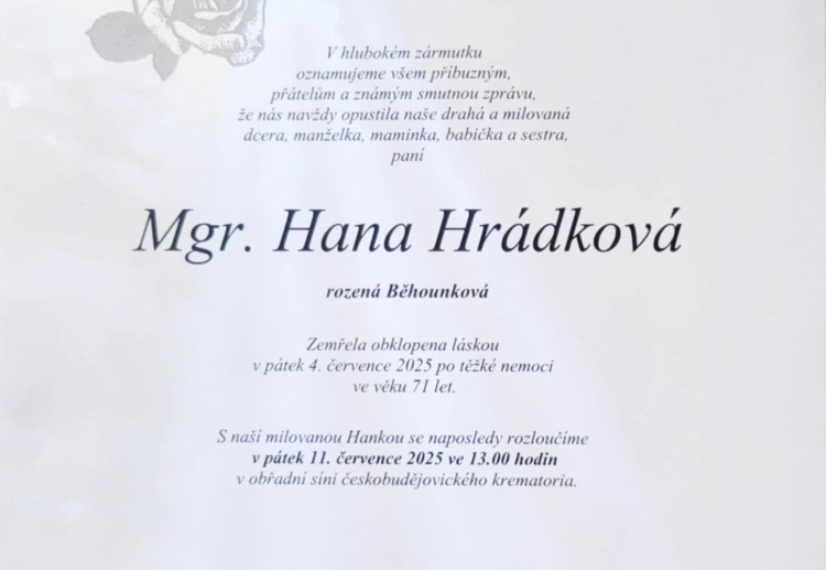 S hlubokým zármutkem oznamujeme odchod naší vážené kolegyně