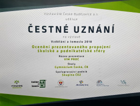 Ocenění pro naše gymnázium na výstavě Vzdělání a řemeslo 2018